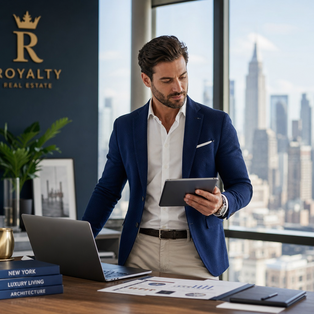 A property professional reviewing performance data in a modern office