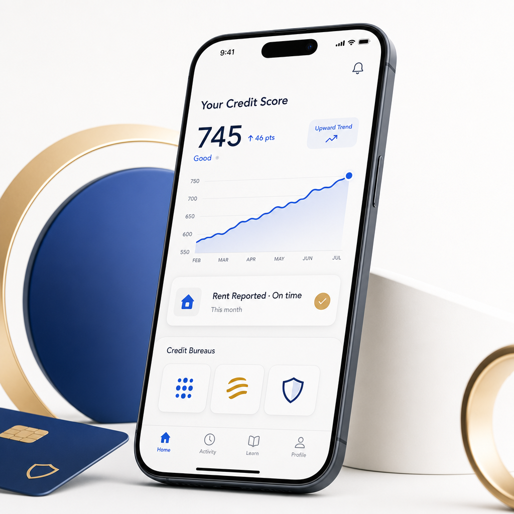 A credit-building app showing an upward-trending score and an on-time rent confirmation