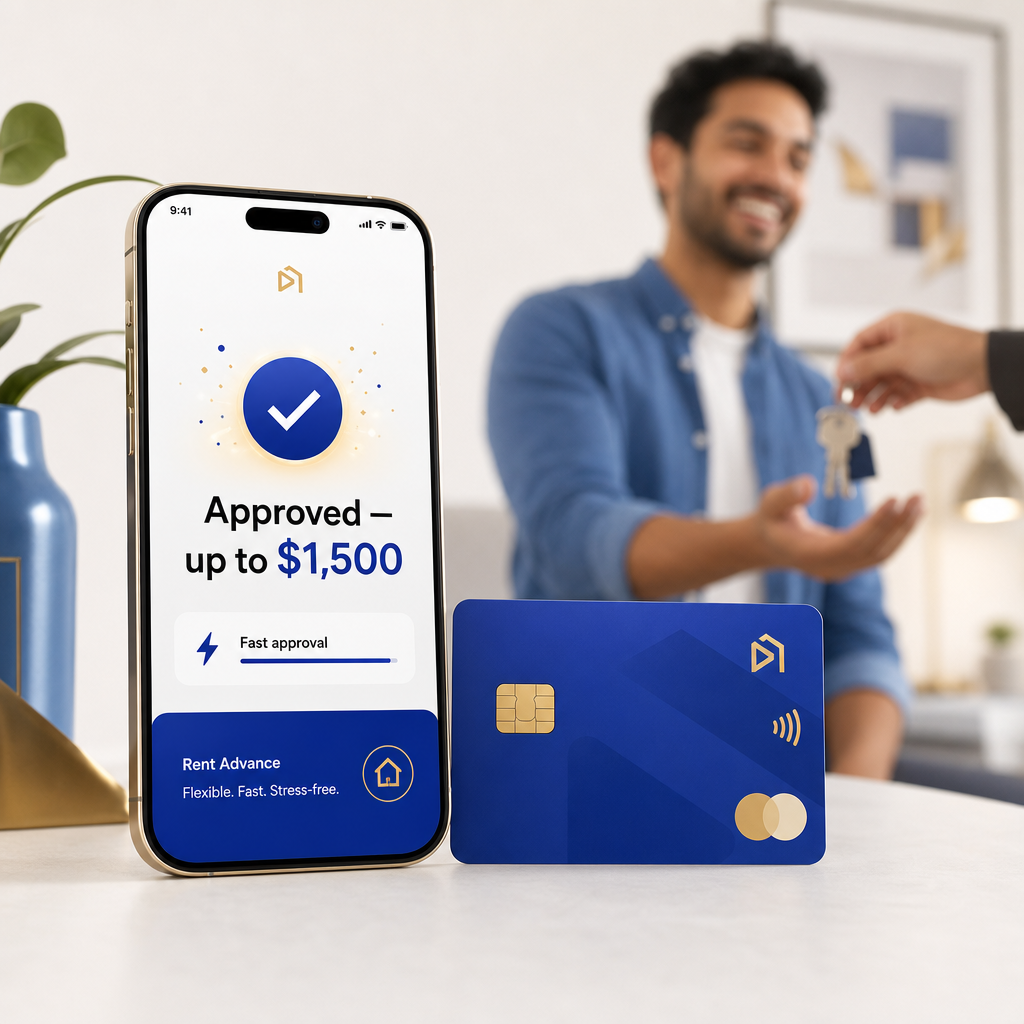 An approval screen showing up to $1,500 approved, next to a credit card and new home keys
